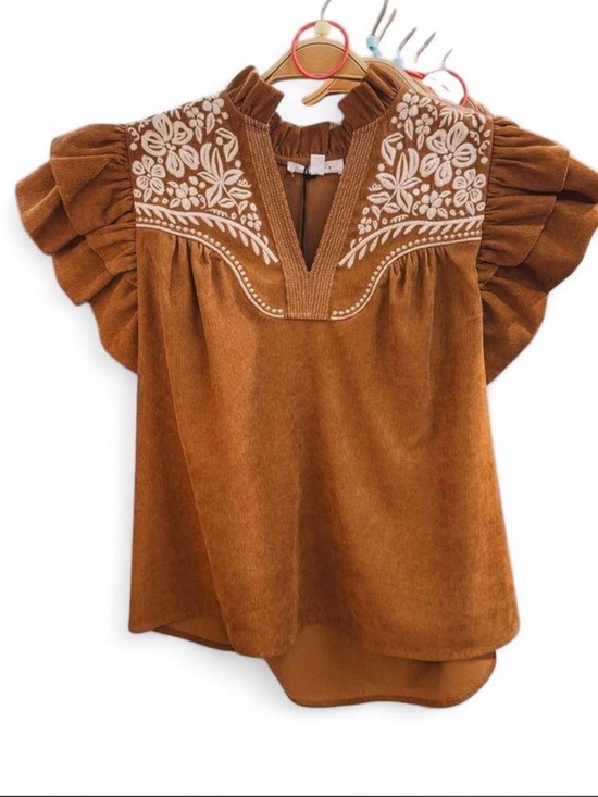 THML Tops - NWOT THML Anthropologie Flutter Sleeve Brown Corduroy Embroidered WesternTop Sm